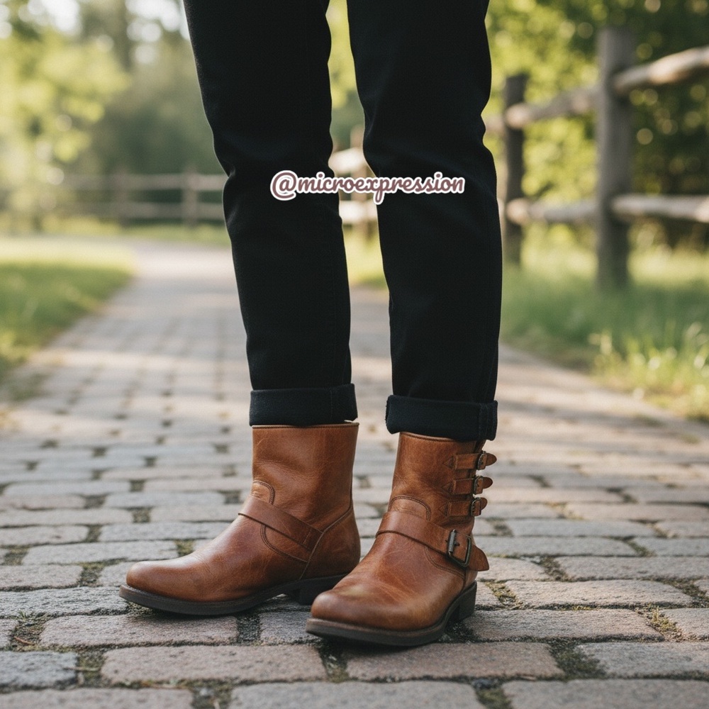$389 Veronica Short Belted Cognac Leather Fringe Moto Vintage Combat Ankle Boot - Picture 3 of 16